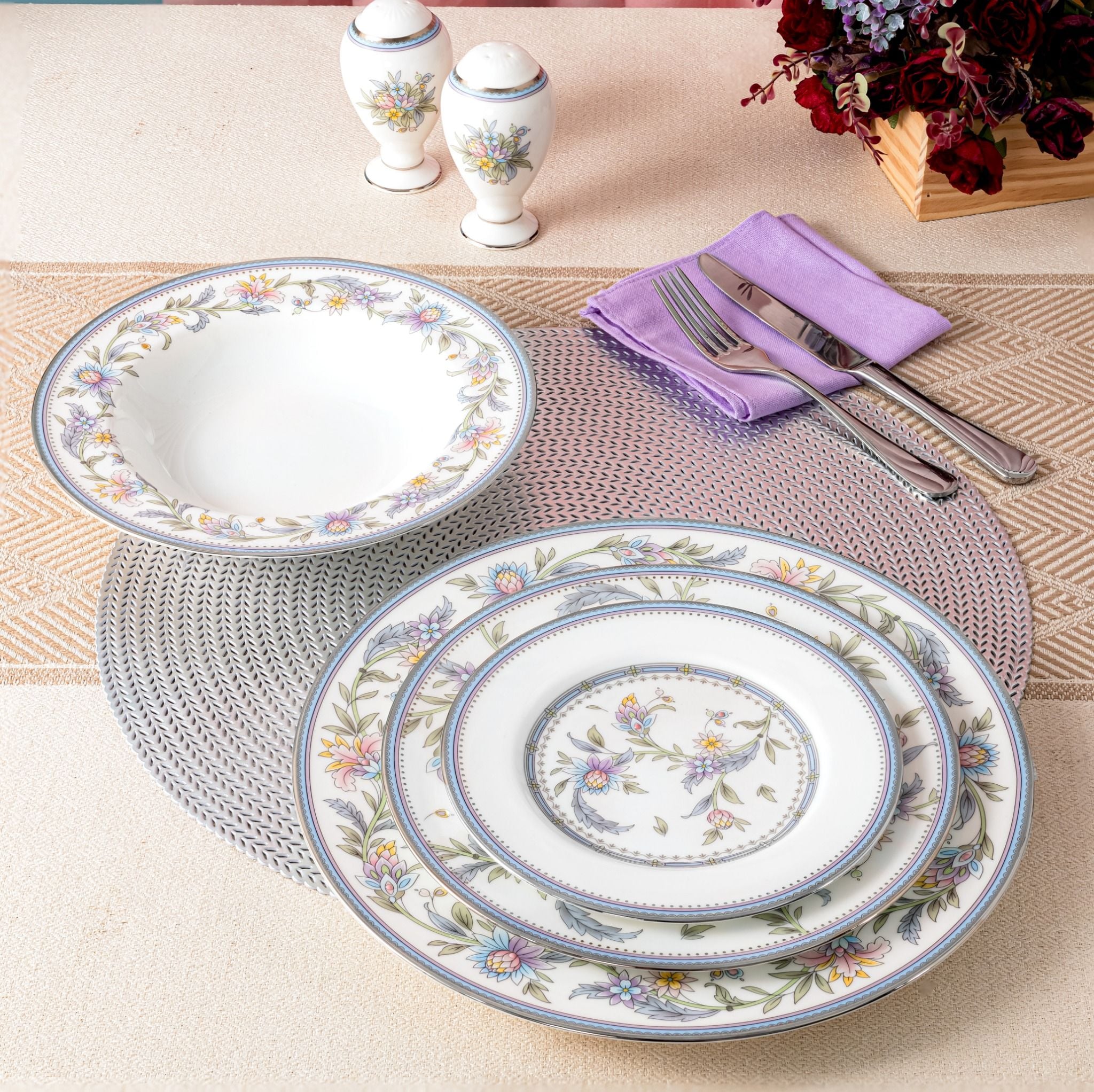  Bộ bát đĩa ăn châu Á đầy đủ 38 món (cho 6 người) sứ xương | Jardin Fleuri 4910L - D038AC 