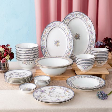  Bộ bát đĩa ăn châu Á đầy đủ 38 món (cho 6 người) sứ xương | Jardin Fleuri 4910L - D038AC 