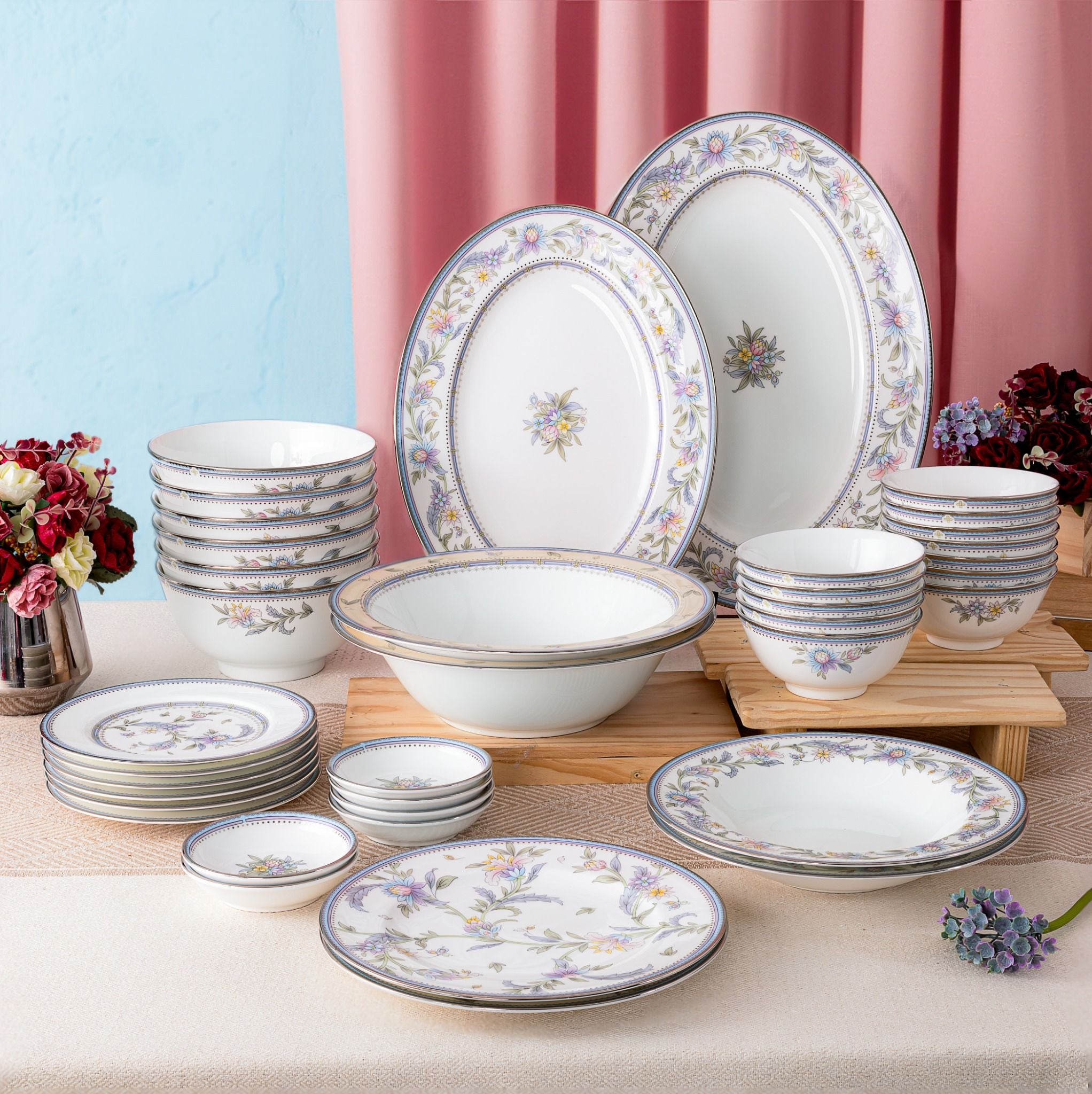  Bộ bát đĩa ăn châu Á đầy đủ 38 món (cho 6 người) sứ xương | Jardin Fleuri 4910L - D038AC 