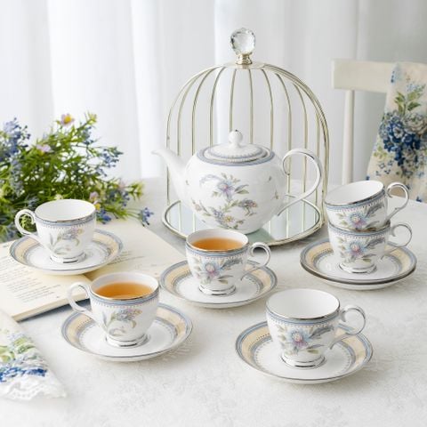 Bộ ấm chén uống trà nhỏ (ấm 650ml, chén 105ml) 13 món sứ xương | Jardin Fleuri 4910L - T014S