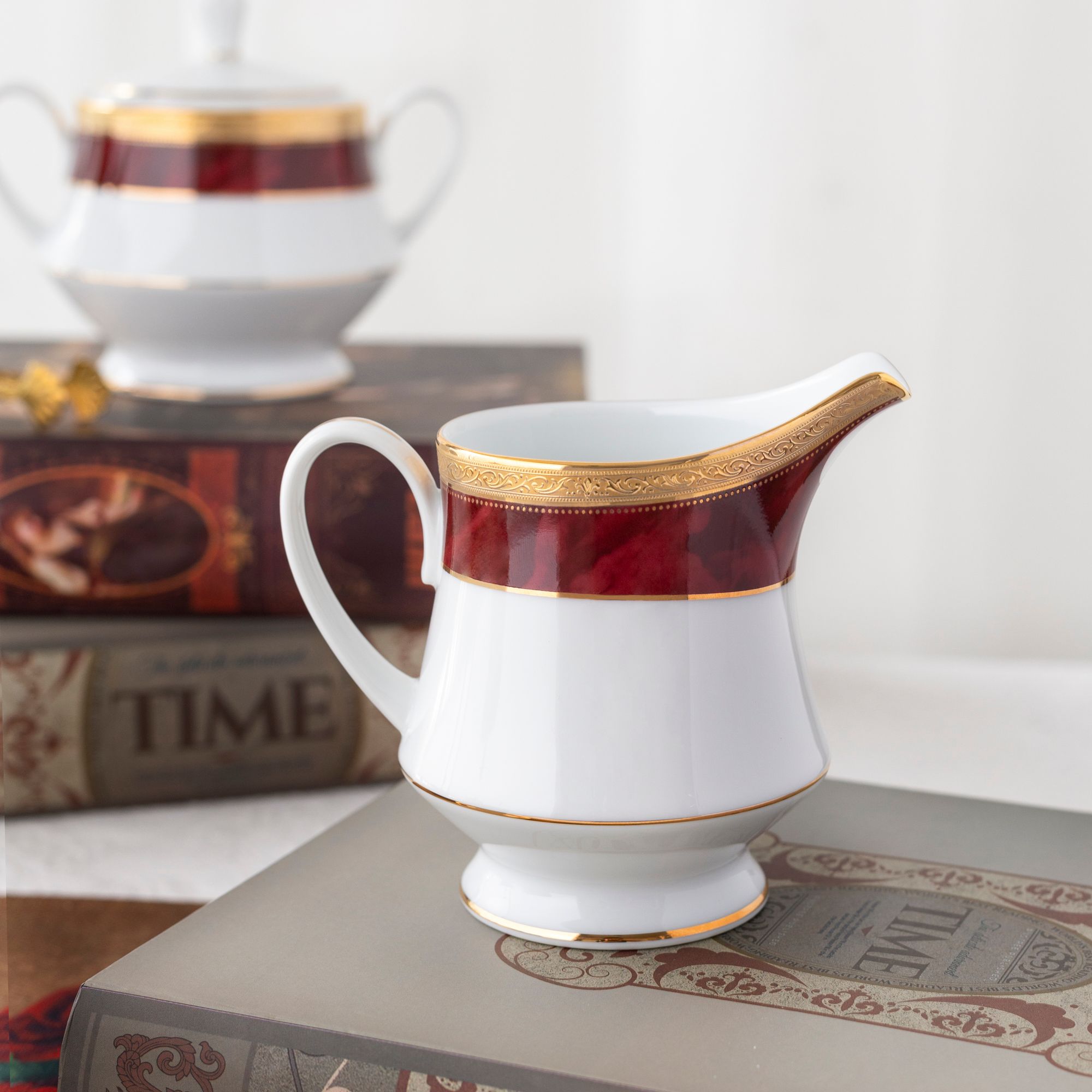 Bộ ấm chén uống trà (ấm 1.200ml, chén 230ml) (đỏ - Ruby) 15 món sứ trắng | Majestic Burgun M-166L - T017A 