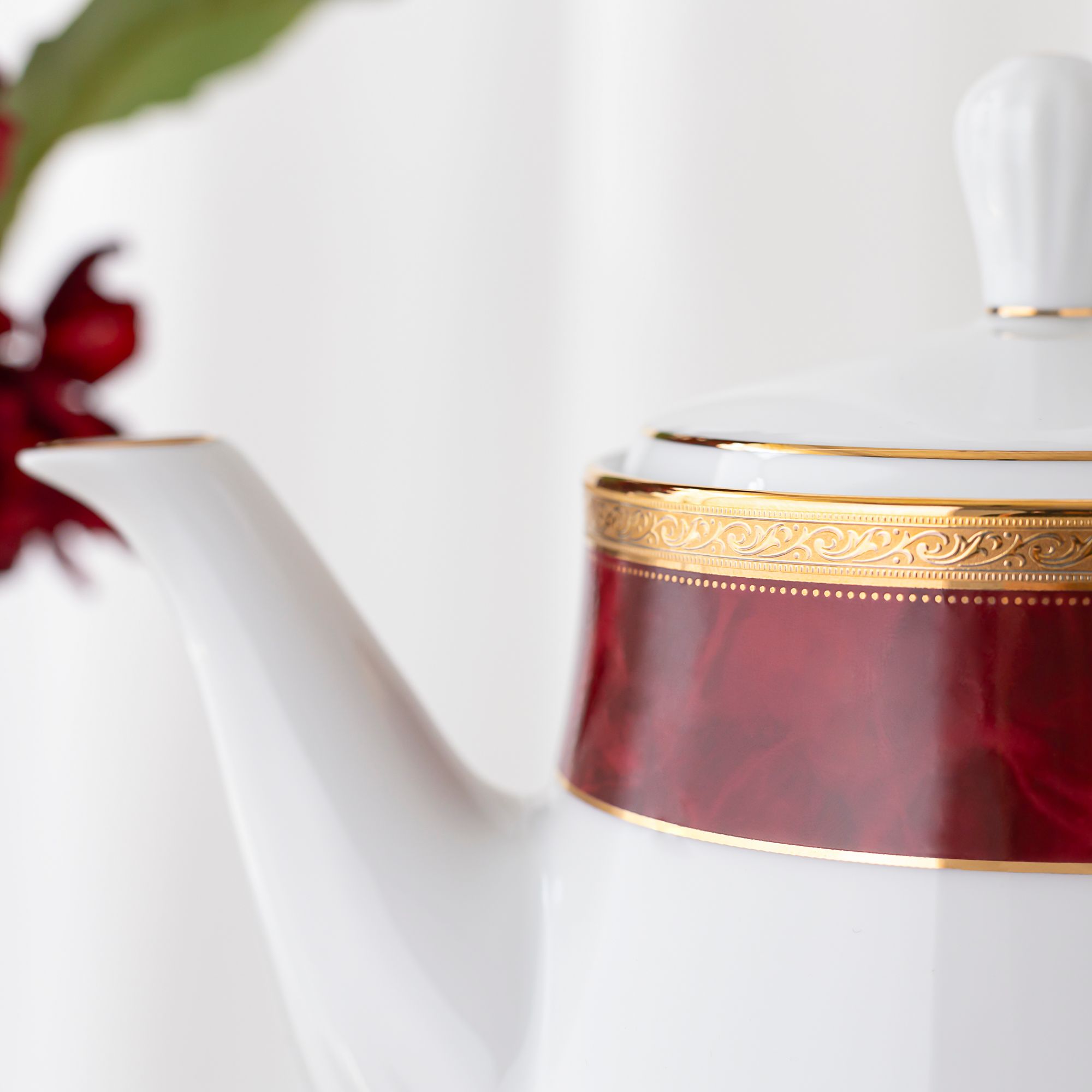  Bộ ấm chén uống trà (ấm 1.200ml, chén 230ml) (đỏ - Ruby) 15 món sứ trắng | Majestic Burgun M-166L - T017A 
