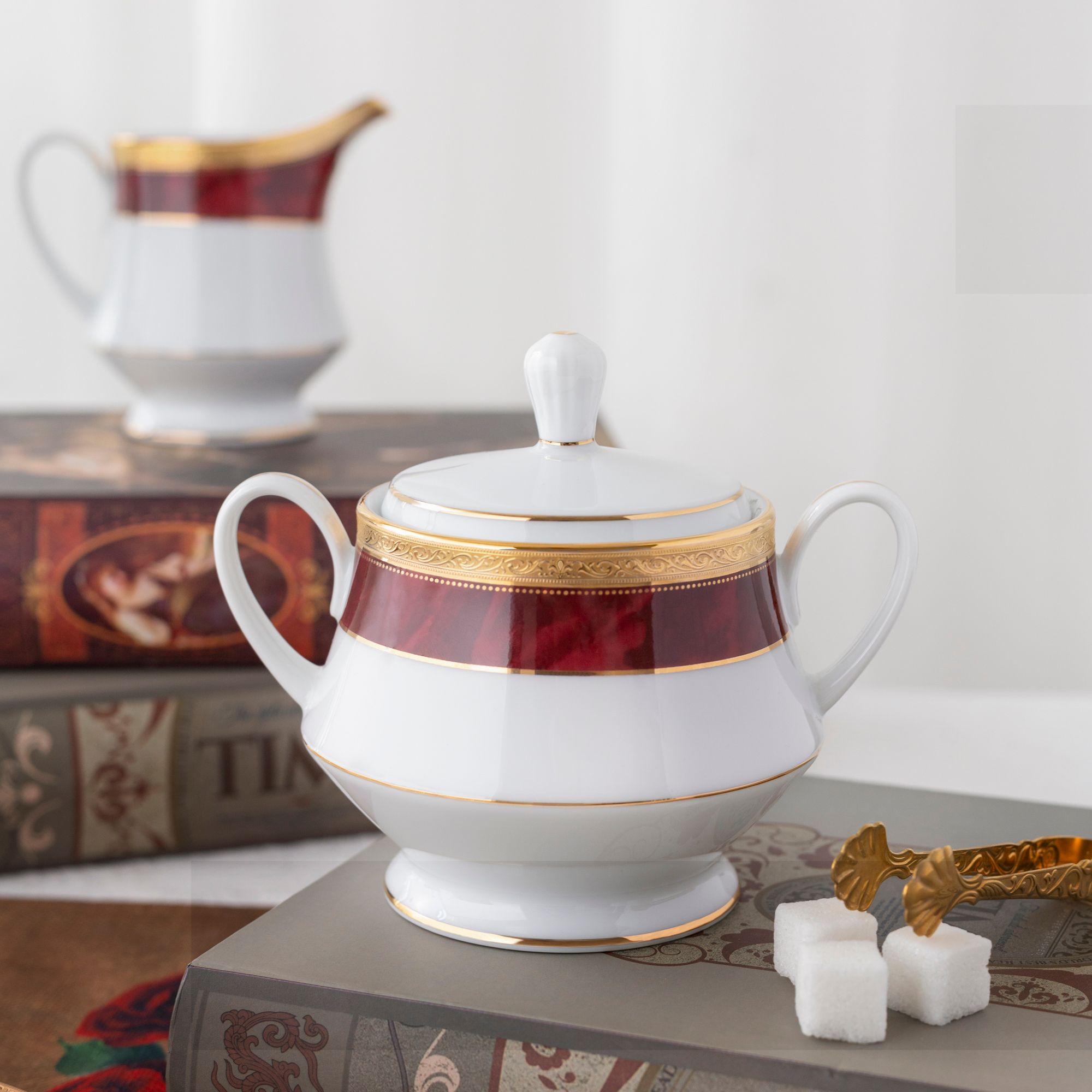  Bộ ấm chén uống trà (ấm 1.200ml, chén 230ml) (đỏ - Ruby) 15 món sứ trắng | Majestic Burgun M-166L - T017A 