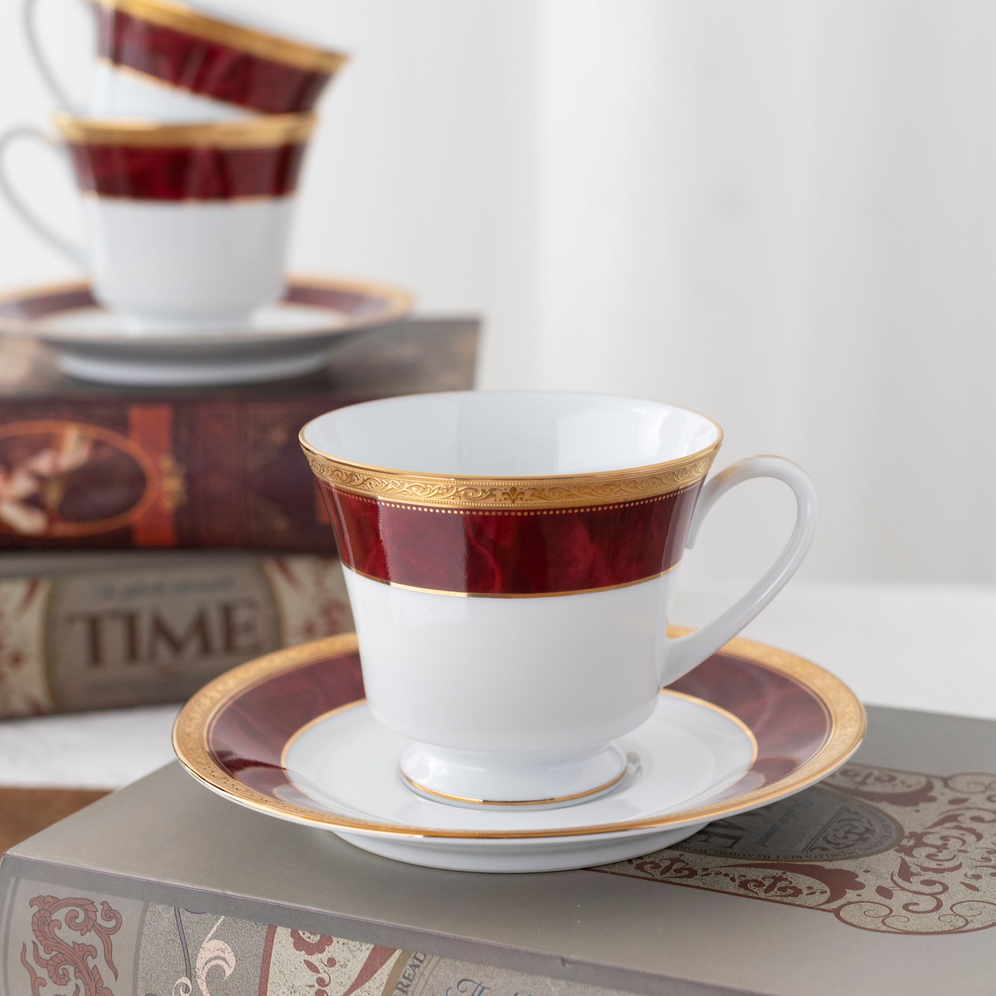  Bộ ấm chén uống trà (ấm 1.200ml, chén 230ml) (đỏ - Ruby) 15 món sứ trắng | Majestic Burgun M-166L - T017A 