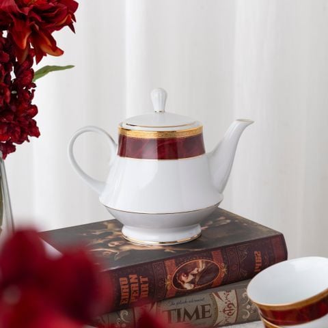  Bộ ấm chén uống trà (ấm 1.200ml, chén 230ml) (đỏ - Ruby) 15 món sứ trắng | Majestic Burgun M-166L - T017A 