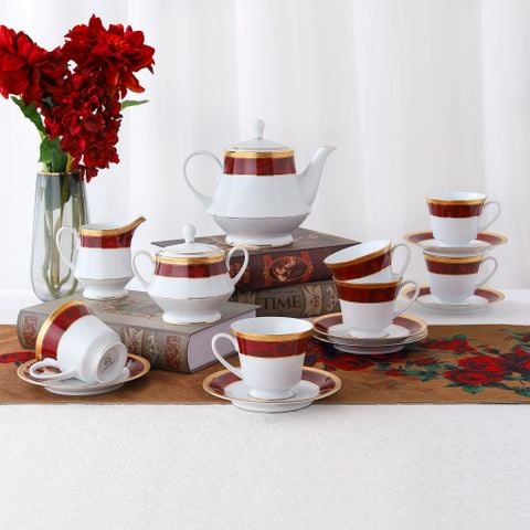  Bộ ấm chén uống trà (ấm 1.200ml, chén 230ml) (đỏ - Ruby) 15 món sứ trắng | Majestic Burgun M-166L - T017A 