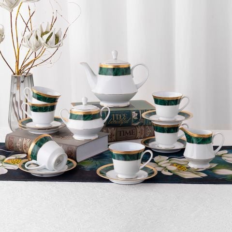  Bộ ấm chén uống trà (ấm 1.200ml, chén 230ml) (xanh - Jade) 15 món sứ trắng | Majestic Green M-164L - T017A 
