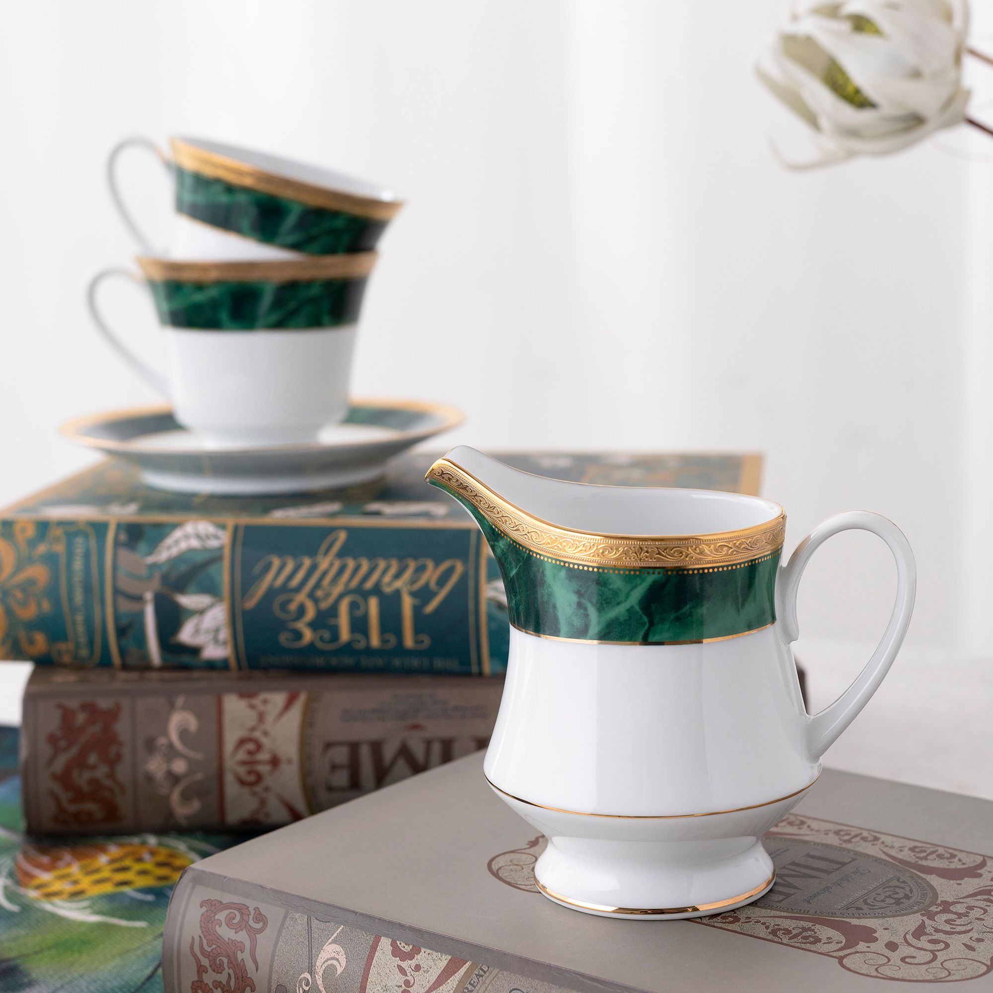  Bộ ấm chén uống trà (ấm 1.200ml, chén 230ml) (xanh - Jade) 15 món sứ trắng | Majestic Green M-164L - T017A 