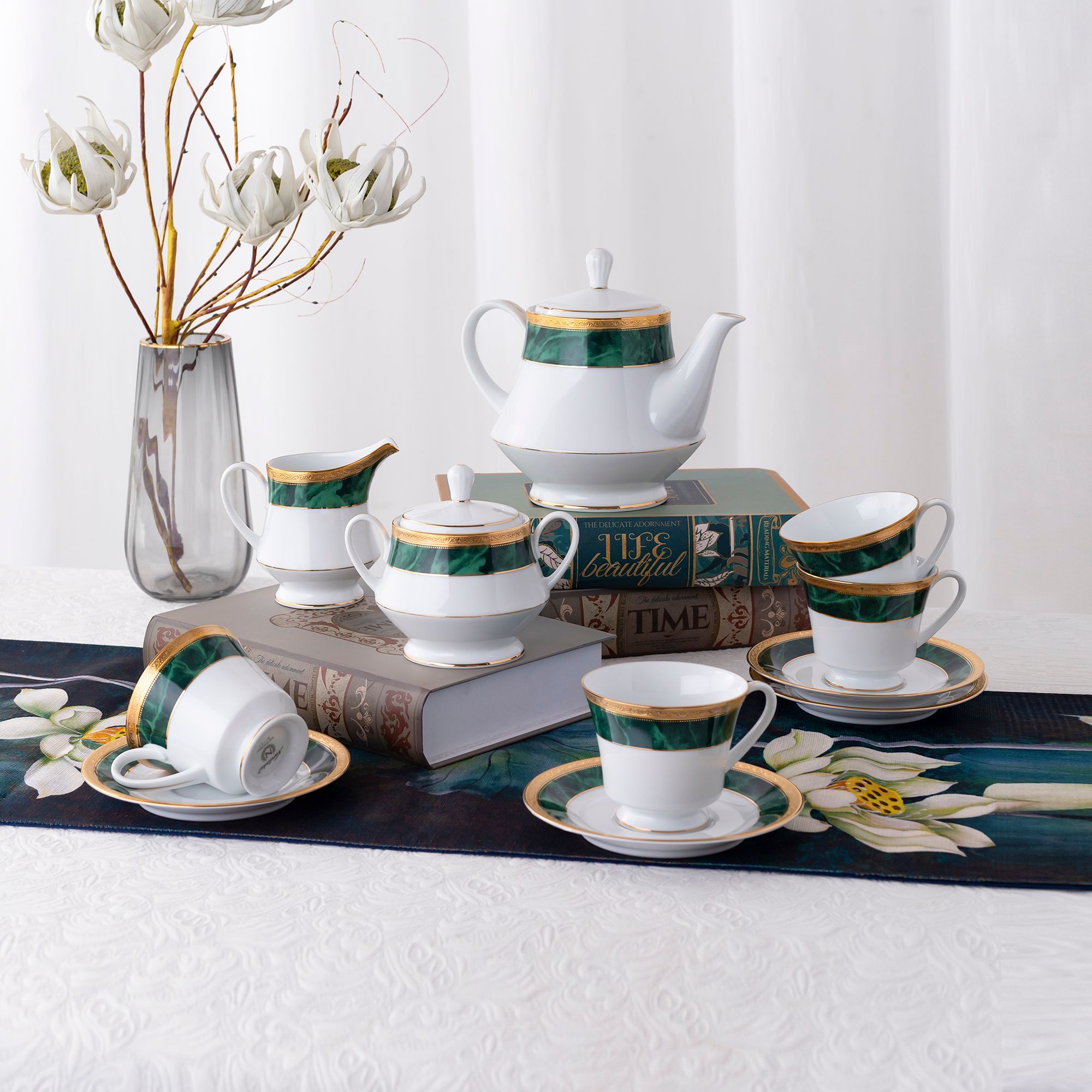  Bộ ấm chén uống trà (ấm 1.200ml, chén 230ml) (xanh - Jade) 15 món sứ trắng | Majestic Green M-164L - T017A 