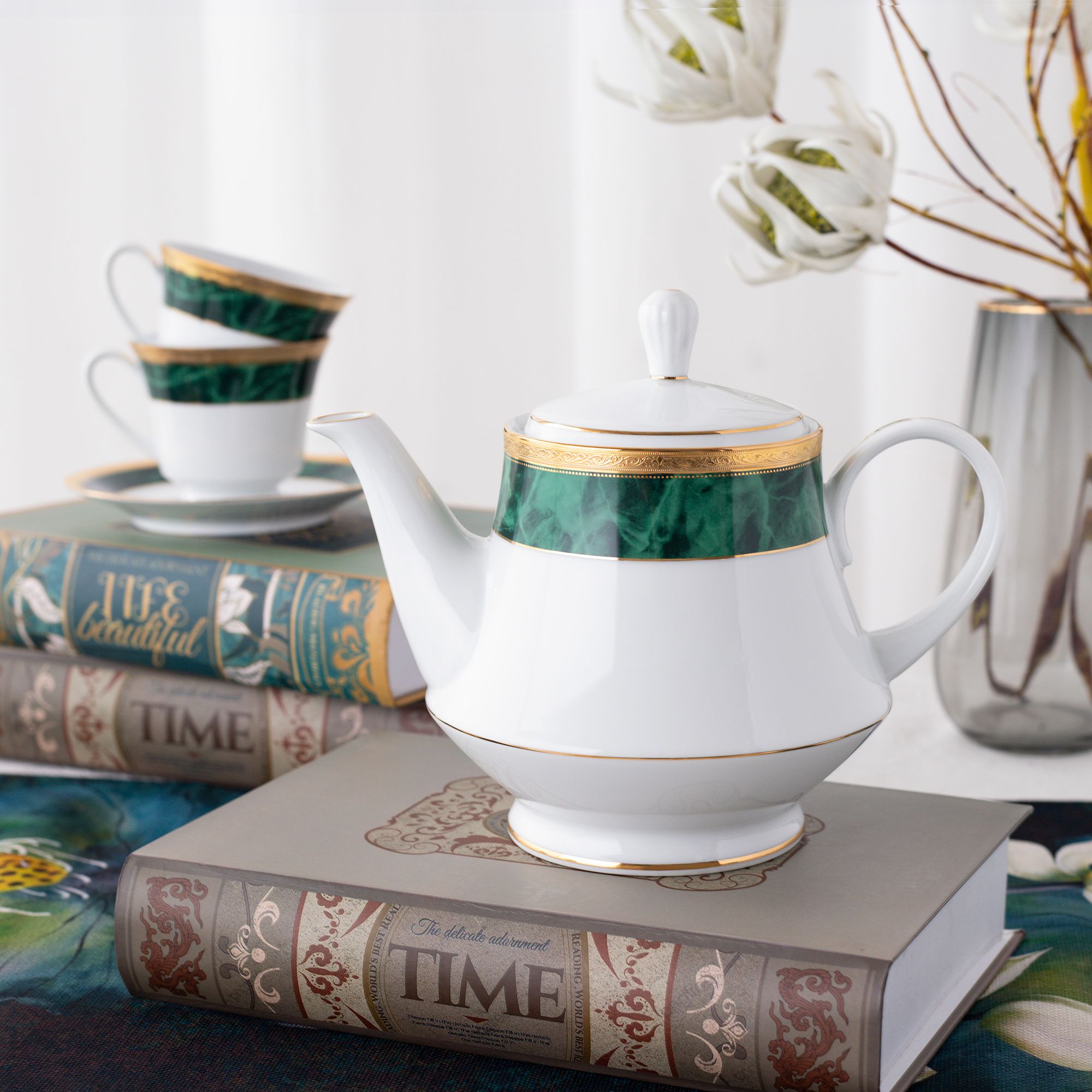  Bộ ấm chén uống trà (ấm 1.200ml, chén 230ml) (xanh - Jade) 15 món sứ trắng | Majestic Green M-164L - T017A 