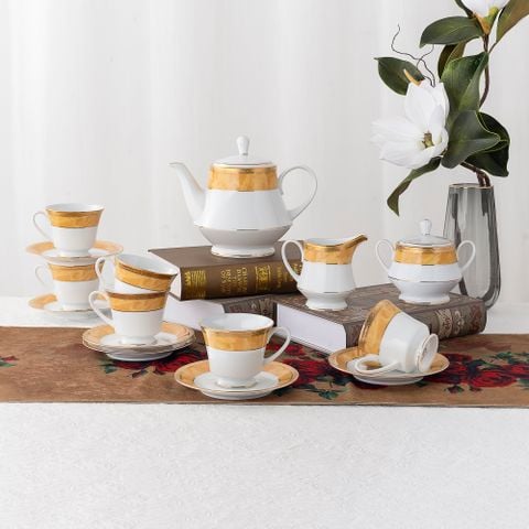  Bộ ấm chén uống trà (ấm 1.200ml, chén 230ml) (vàng - Thạch Anh) 15 món sứ trắng | Majestic Yellow M-168L - T017A 