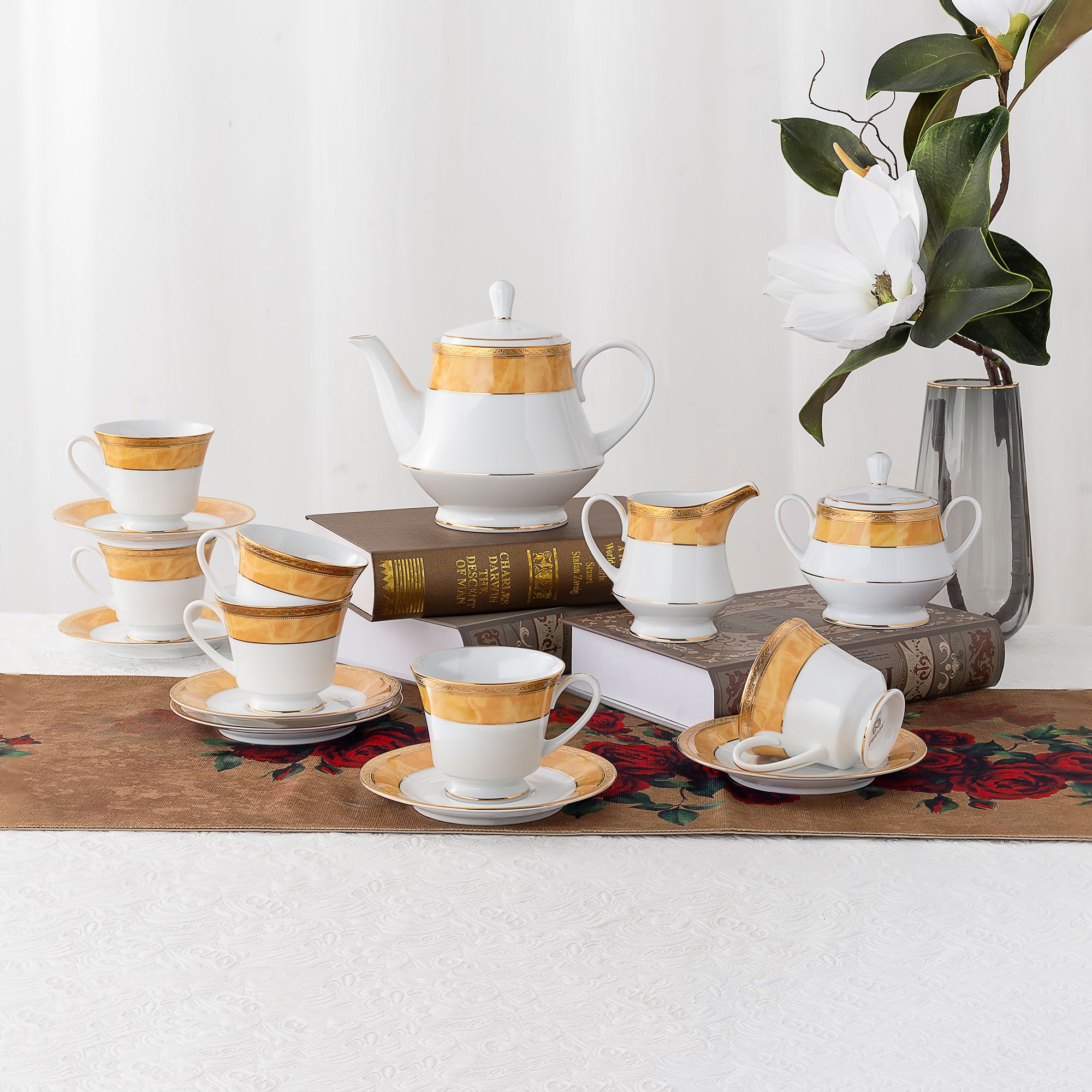  Bộ ấm chén uống trà (ấm 1.200ml, chén 230ml) (vàng - Thạch Anh) 15 món sứ trắng | Majestic Yellow M-168L - T017A 