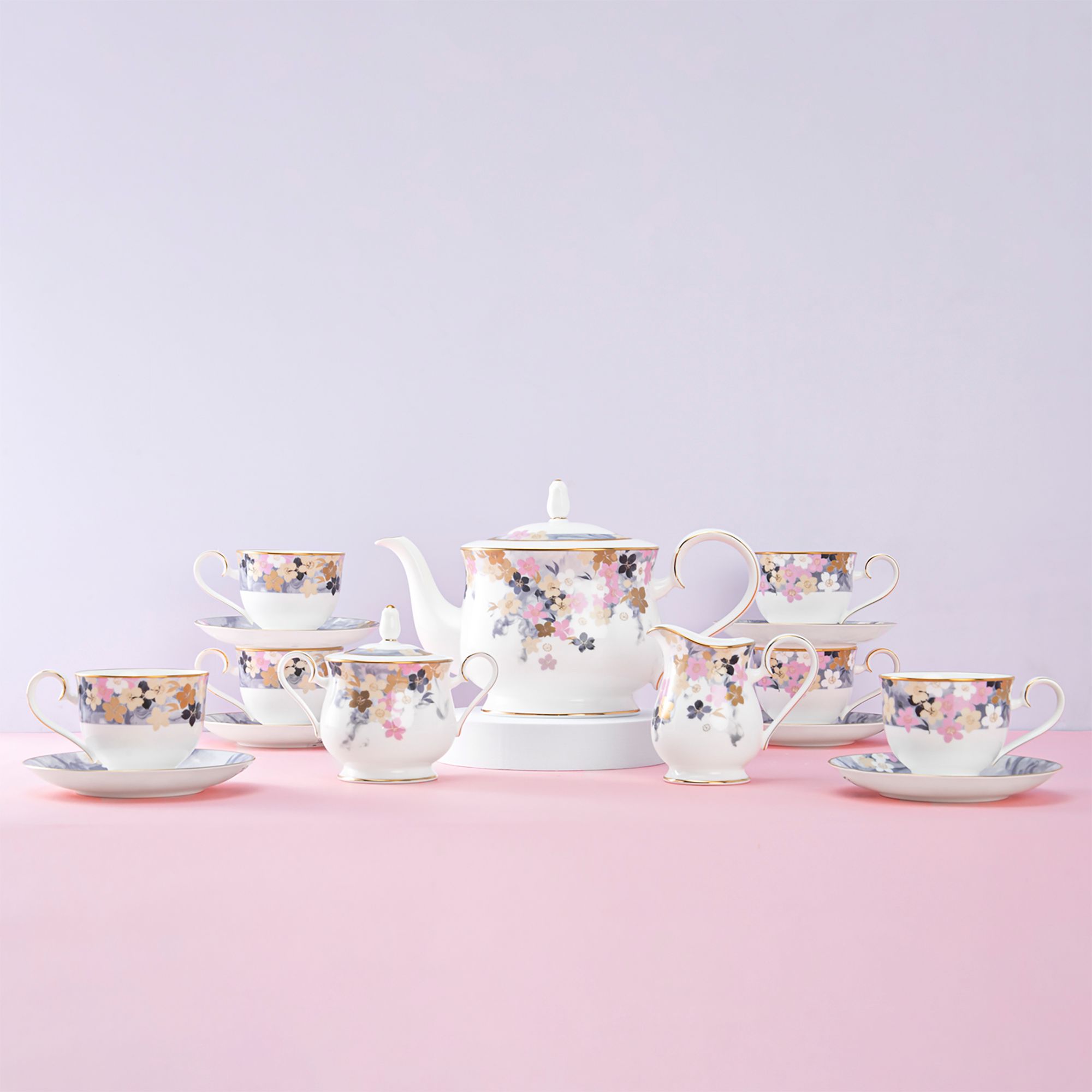  Bộ ấm chén uống trà (ấm 1.300ml, chén 230ml) 15 món sứ xương | Moonlit Blossoms 4969L - T017A 