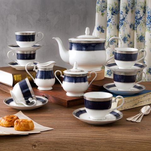  Bộ ấm chén uống trà (ấm 1.300ml, chén 230ml) 15 món sứ xương | Odessa Cobalt Platinum 4922L - T017A 