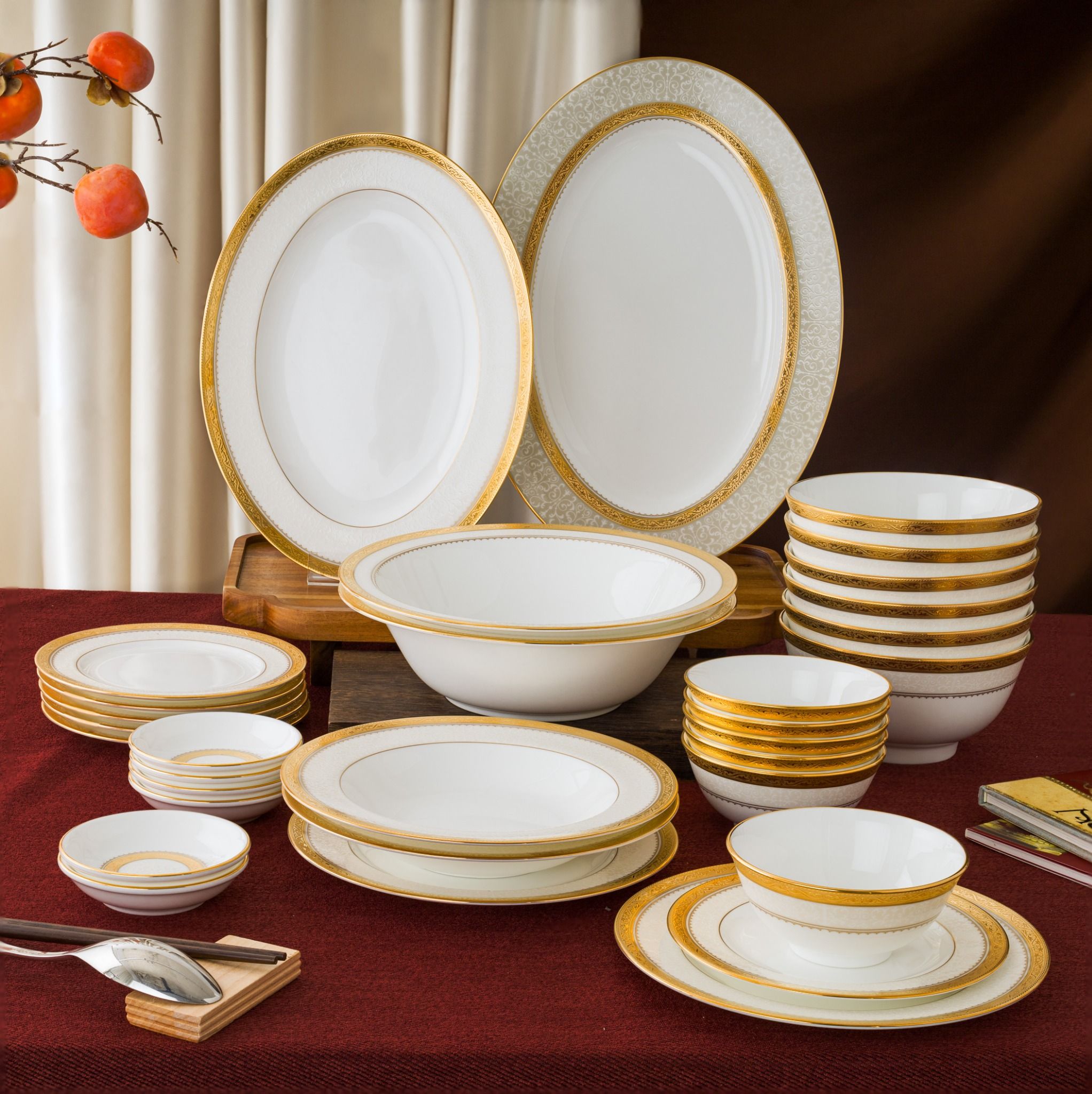  Bộ bát đĩa ăn châu Á đầy đủ 38 món (cho 6 người) sứ xương | Odessa Gold 4874L - D038AC 