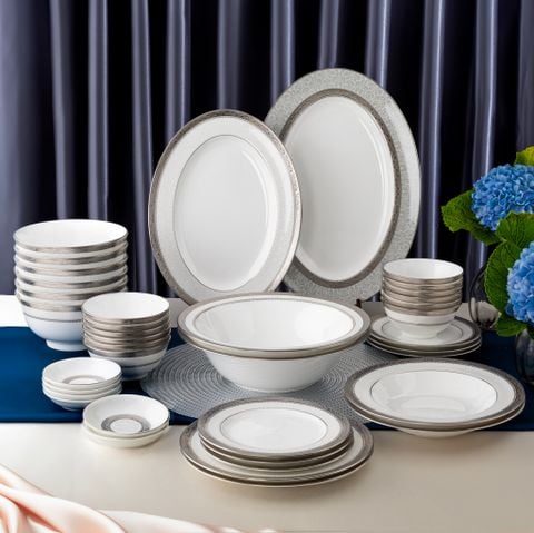 Bộ bát đĩa ăn châu Á đầy đủ 38 món (cho 6 người) sứ xương | Odessa Platinum 4875L - D038AC
