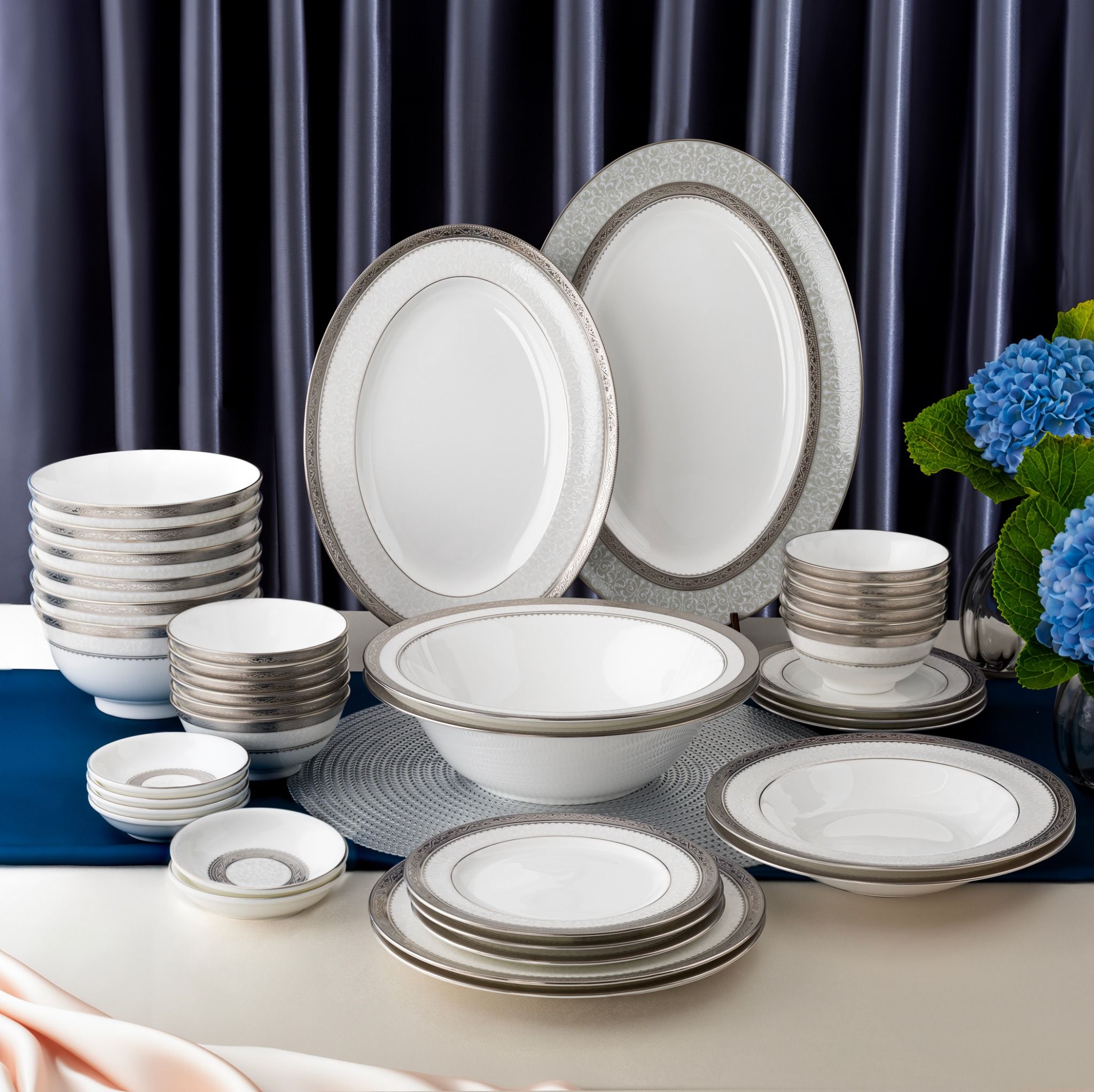  Bộ bát đĩa ăn châu Á đầy đủ 38 món (cho 6 người) sứ xương | Odessa Platinum 4875L - D038AC 