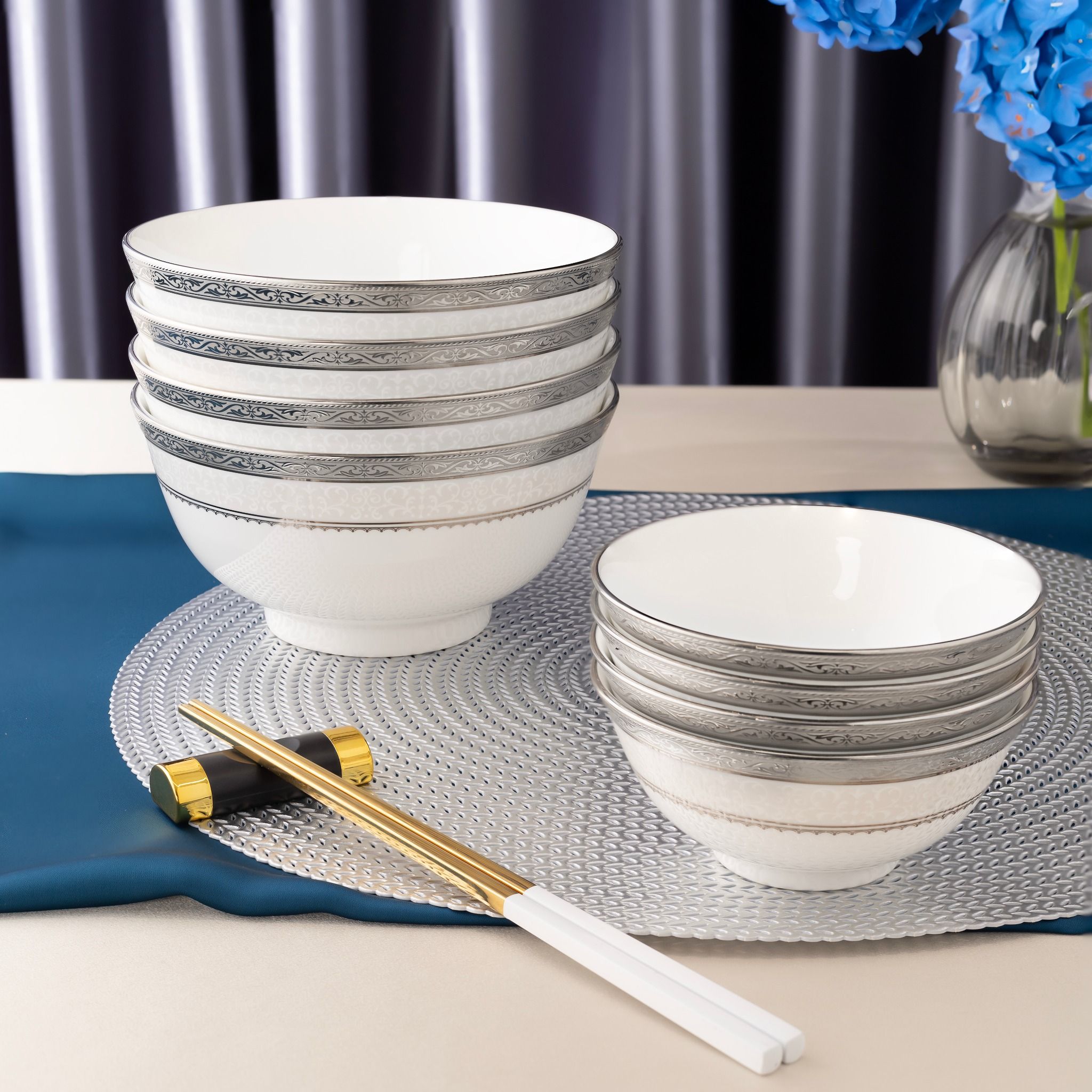  Bộ bát đĩa ăn châu Á đầy đủ 38 món (cho 6 người) sứ xương | Odessa Platinum 4875L - D038AC 