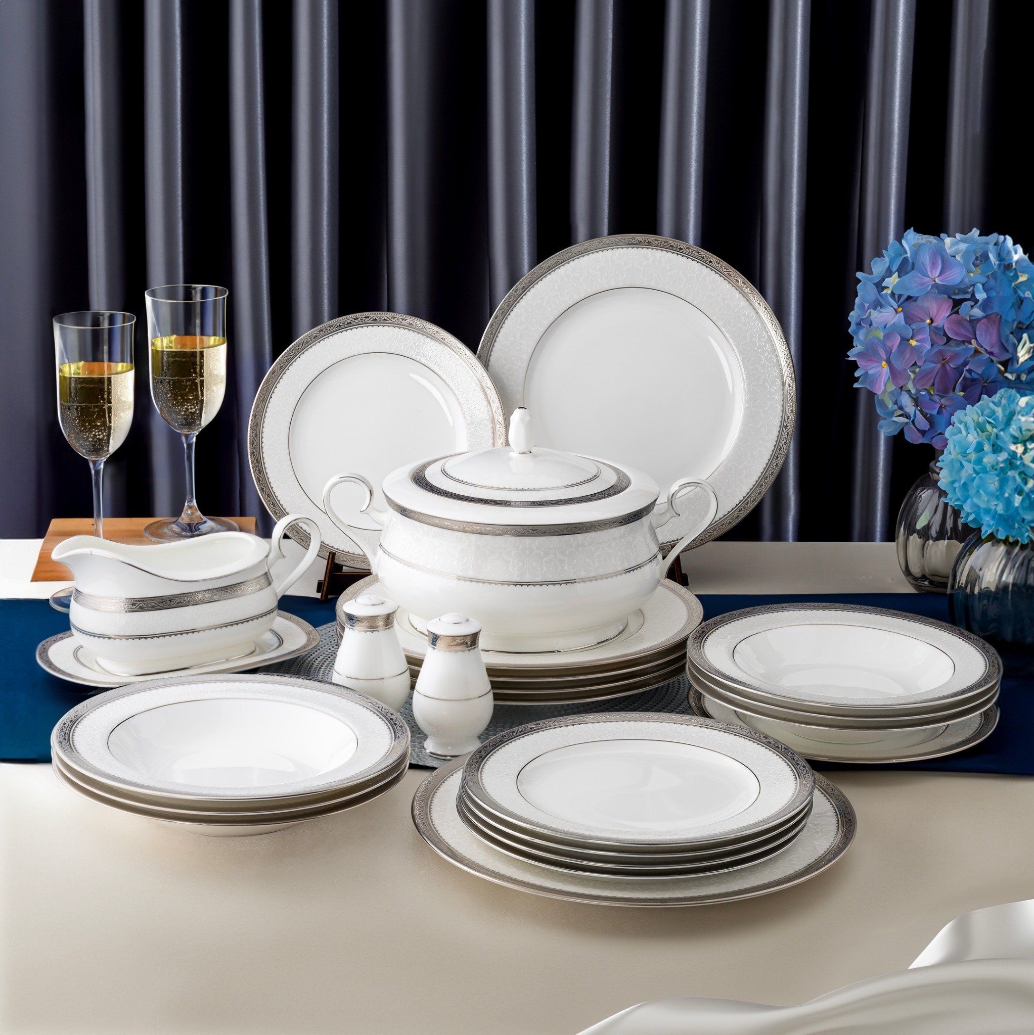  Bộ đĩa ăn kiểu Âu 22 món (cho 6 người) sứ xương | Odessa Platinum 4875L - D024AN 