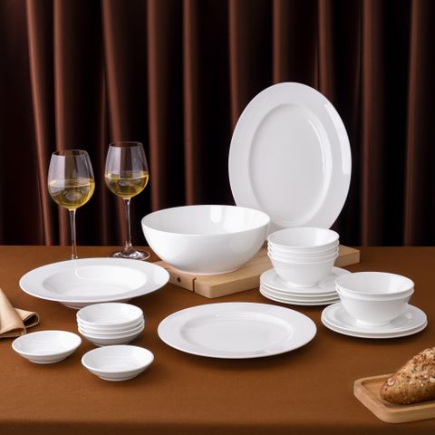  Bộ bát đĩa ăn châu Á cơ bản 22 món (đĩa tròn, cho 6 người) sứ xương | Plain White 9990L - D022AT 