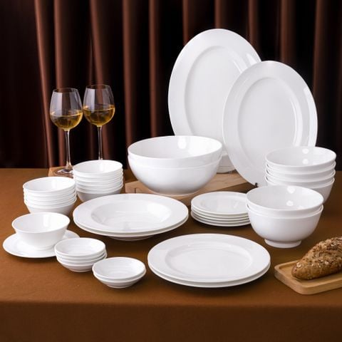  Bộ bát đĩa ăn châu Á đầy đủ 38 món (đĩa tròn, cho 6 người) sứ xương | Plain White 9990L - D038AT 