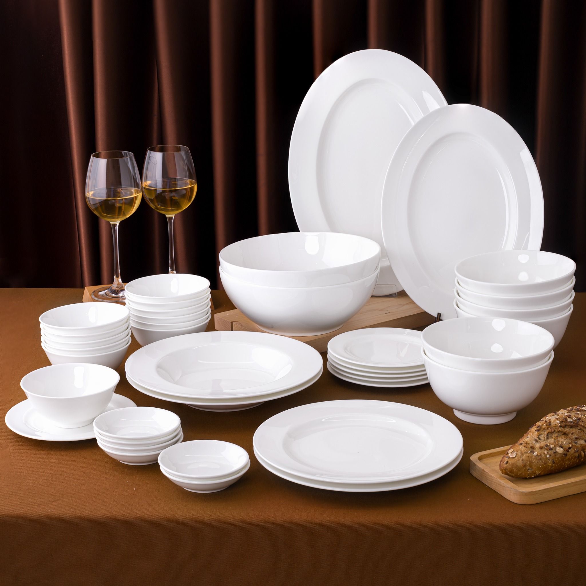  Bộ bát đĩa ăn châu Á đầy đủ 38 món (đĩa tròn, cho 6 người) sứ xương | Plain White 9990L - D038AT 