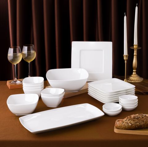  Bộ bát đĩa ăn châu Á cơ bản 22 món (đĩa vuông, cho 6 người) sứ xương | Plain White 9990L - D022AV 