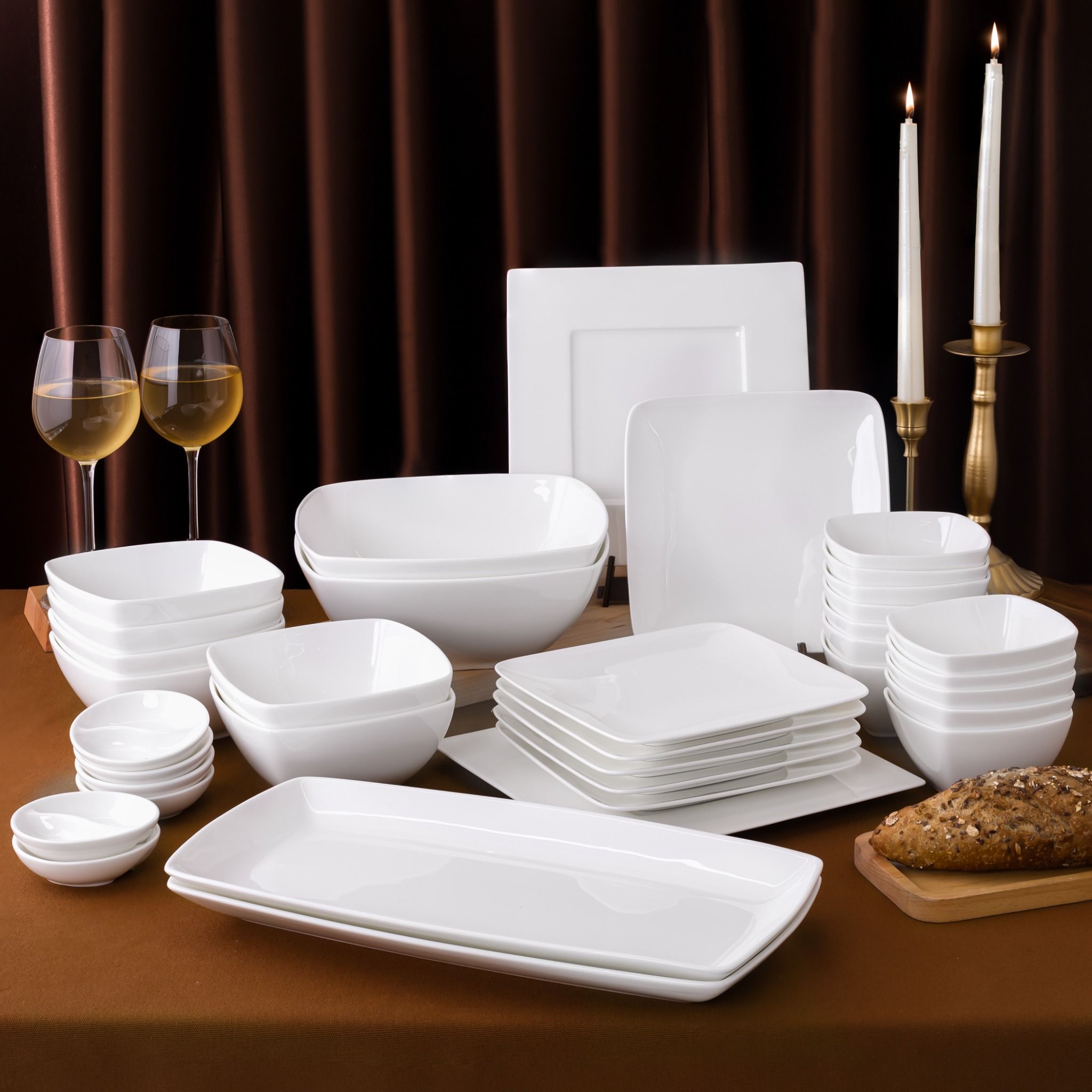  Bộ bát đĩa ăn châu Á đầy đủ 38 món (đĩa vuông, cho 6 người) sứ xương | Plain White 9990L - D038AV 