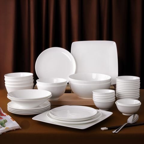  Bộ bát đĩa ăn châu Á đầy đủ 38 món (đĩa coupe, cho 6 người) sứ xương | Plain White 9990L - D038AC 