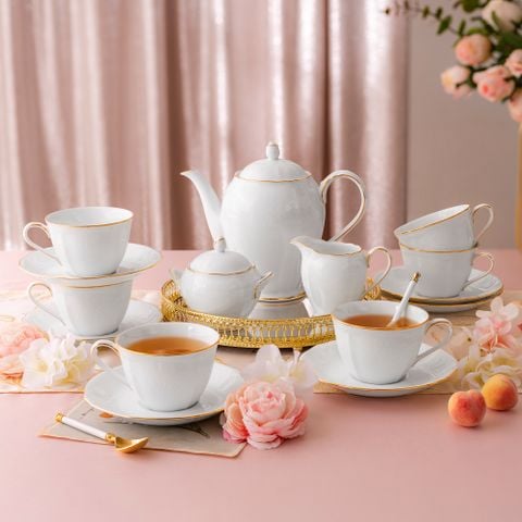  Bộ ấm chén uống trà (ấm 950ml, chén 260ml) 15 món sứ trắng | Princess Bouquet Gold 1660L - T017A 