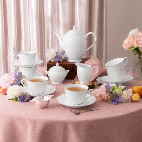  Bộ ấm chén uống trà (ấm 950ml, chén 260ml) 15 món sứ trắng | Princess Bouquet Platinum 1661L - T017A 