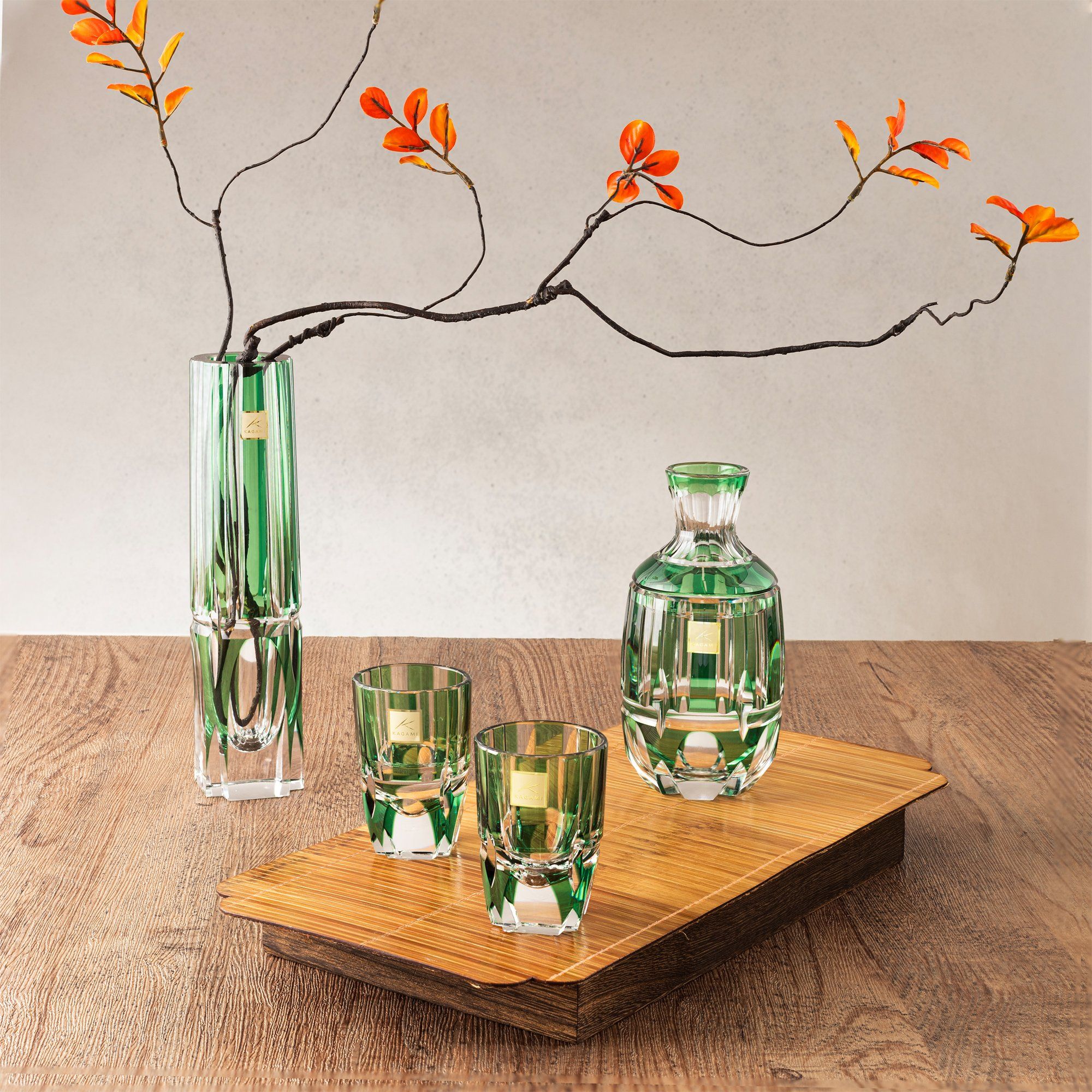  Bộ bình pha lê & ly rượu sake Edo Kiriko "Bamboo Zen" 03 món màu xanh lá | Kagami Crystal T117 - 2509 