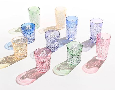  Ly (cốc) pha lê highball họa tiết Edo Kiriko (Square Basket Weave) 250ml màu vàng | Kagami T369 - 2835-CUM 