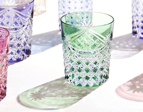  Ly pha lê rock glass họa tiết Edo Kiriko (Square Basket Weave) dung tích 240ml màu xanh lá cây | Kagami T370 - 2835-CGR 