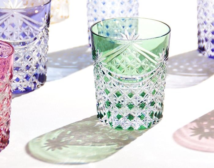 Ly pha lê rock glass họa tiết Edo Kiriko (Square Basket Weave) dung tích 240ml màu xanh lá cây | Kagami T370 - 2835-CGR 