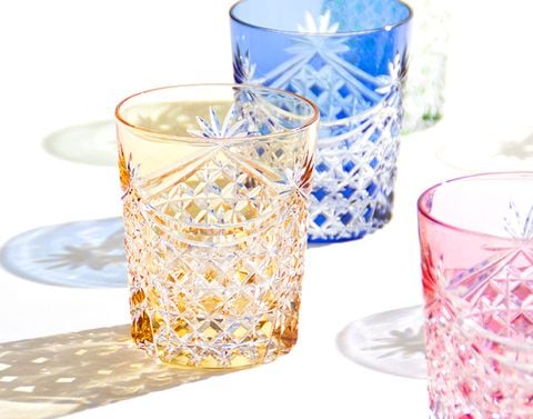  Ly pha lê rock glass họa tiết Edo Kiriko (Square Basket Weave) dung tích 240ml màu vàng | Kagami T370 - 2835-CUM 