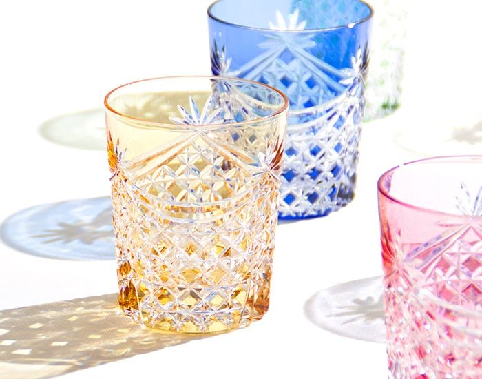  Ly pha lê rock glass họa tiết Edo Kiriko (Square Basket Weave) dung tích 240ml màu vàng | Kagami T370 - 2835-CUM 