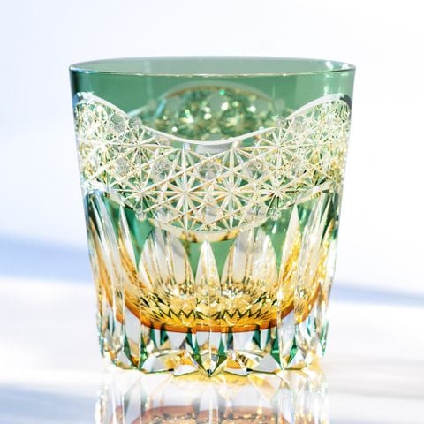  Ly pha lê rock glass họa tiết Edo Kiriko (Gyoukou) 320ml màu xanh lá được chế tác bởi nghệ nhân Satoshi Nabetani | Kagami Crystal T755 - 2971-WUG 
