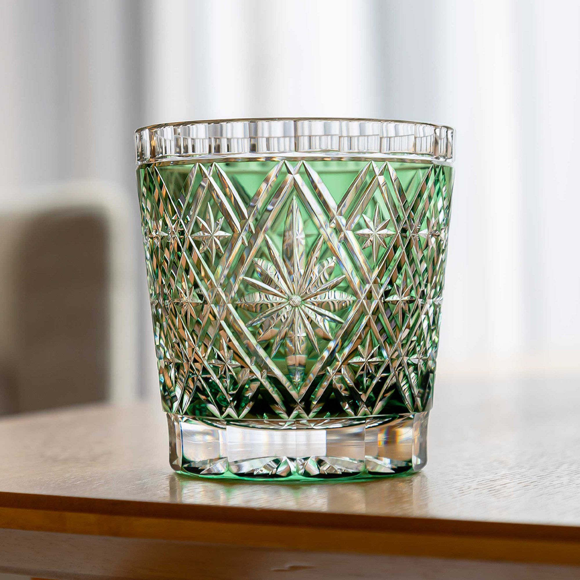  Ly pha lê rock glass Edo Kiriko "Hishibana" 320ml màu xanh lá được chế tác bởi nghệ nhân Hideaki Shinozaki | Kagami Crystal T787 - 3032-CGR 