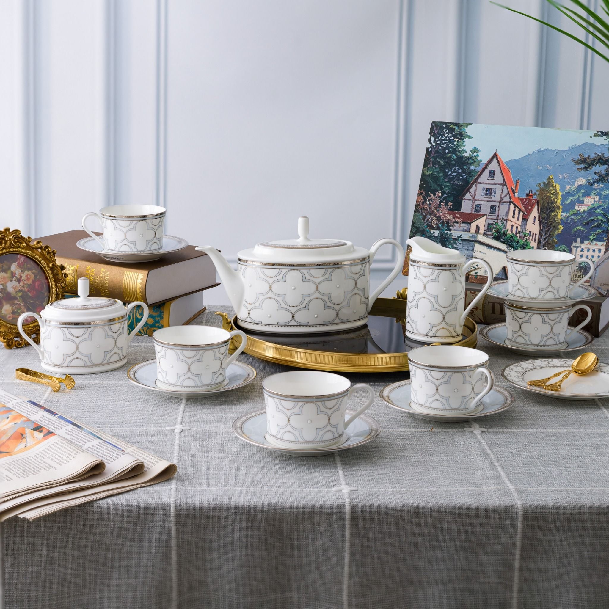  Bộ ấm chén uống trà (ấm 1.250ml, chén 245ml) 15 món sứ xương | Trefolio Platinum 4957L - T017A 