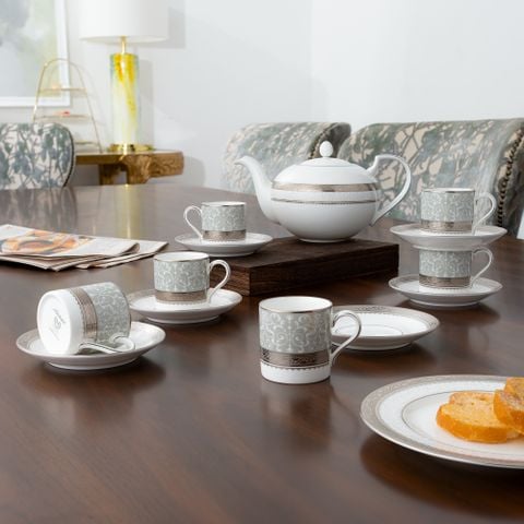 Bộ ấm chén uống trà (ấm 1.150ml, chén 90ml) 13 món sứ xương | Odessa Platinum 4875L - T014XR