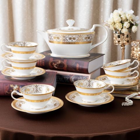  Bộ ấm chén trà (ấm 1.440ml, chén loe 220ml) 13 món sứ xương Nhật Bản | Georgian Palace 4858J - T014L 