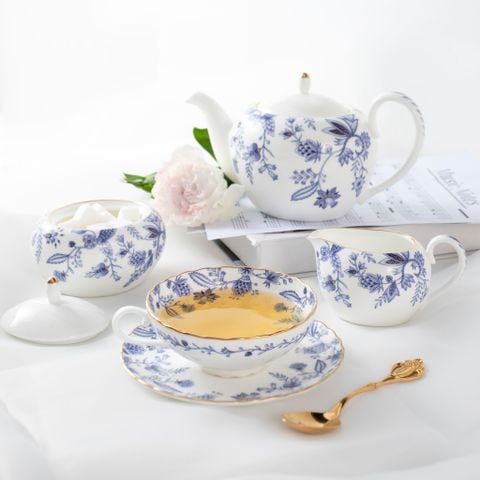  Bộ ấm chén uống trà (ấm nhỏ 520ml, chén 180ml) 15 món sứ xương | Blue Sorrentino 4562L - T017LS 