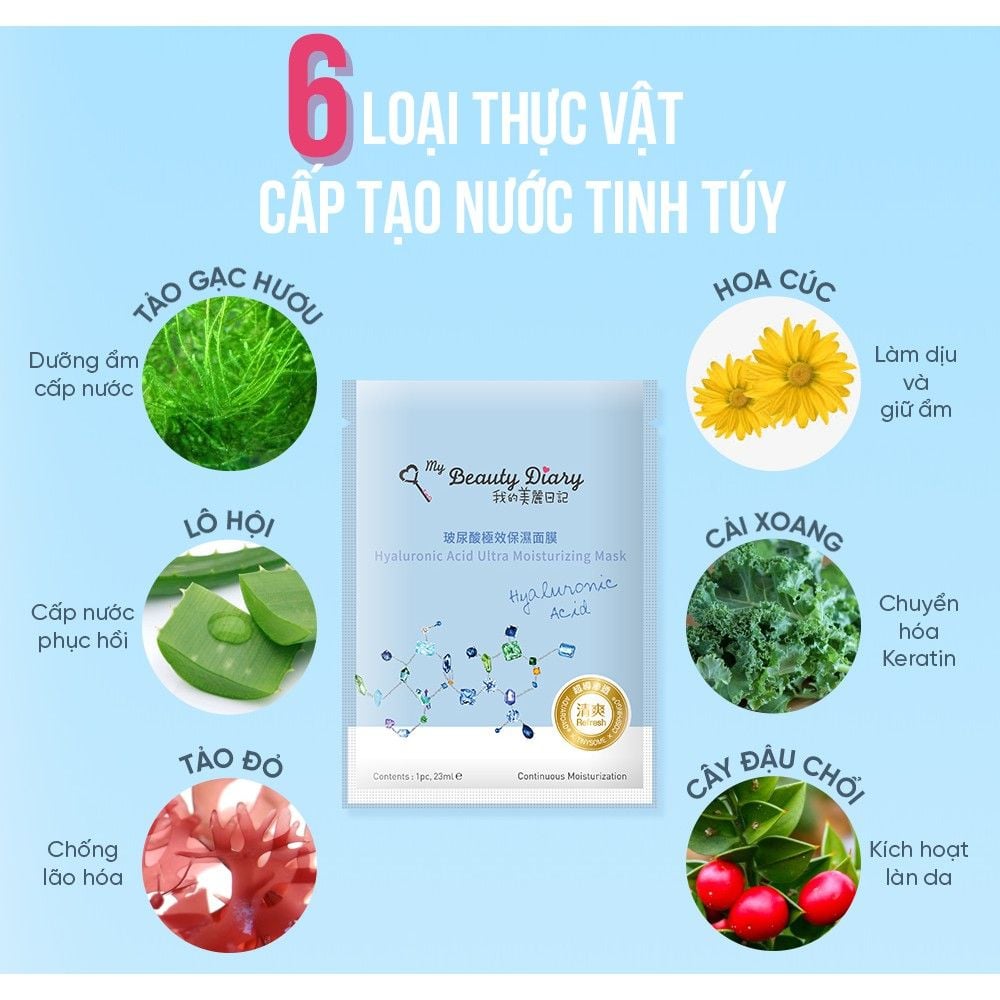  [ My Beauty Diary ] Hộp 8 miếng mặt nạ cấp nước và dưỡng ẩm Hyaluronic Acid Moisturizing Mask nhập khẩu chính hãng Đài Loan 23ml/miếng 