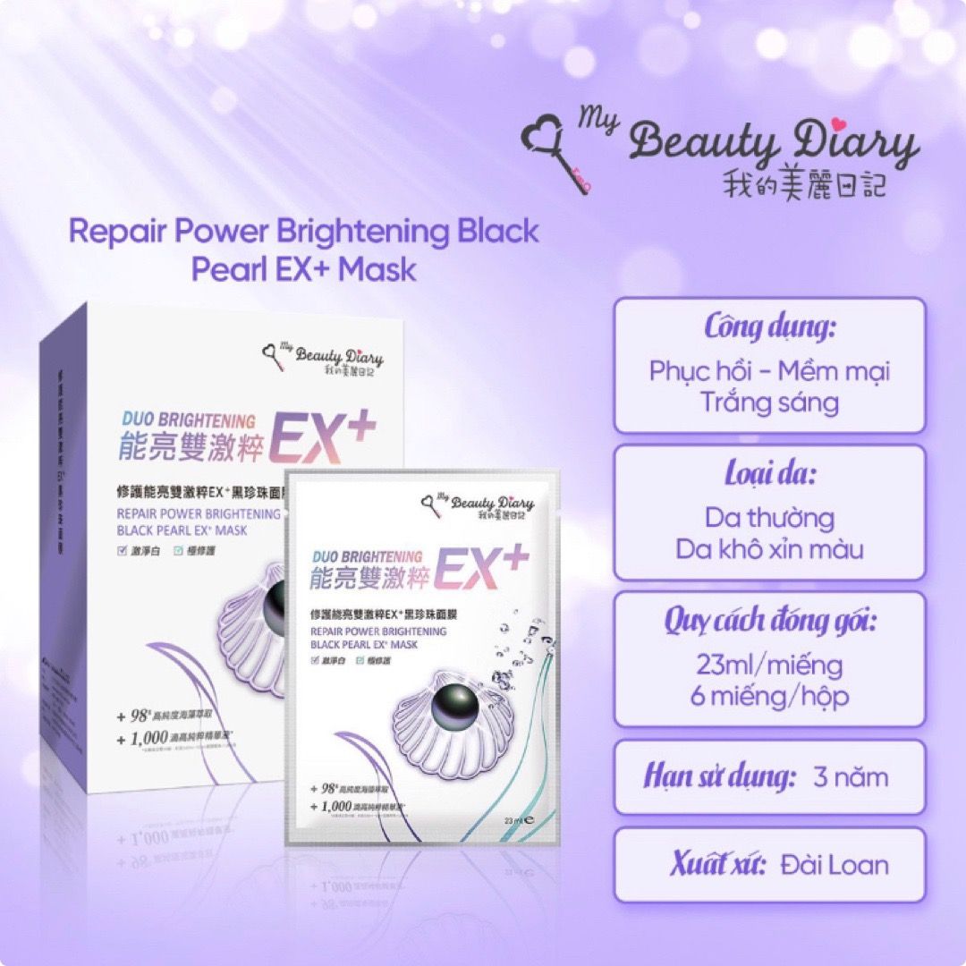  [ My Beauty Diary ] Hộp 6 miếng mặt nạ phục hồi trắng sáng da Repair Duo Brightening Black pearl EX+ Mask nhập khẩu chính hãng Đài Loan 23ml/miếng 