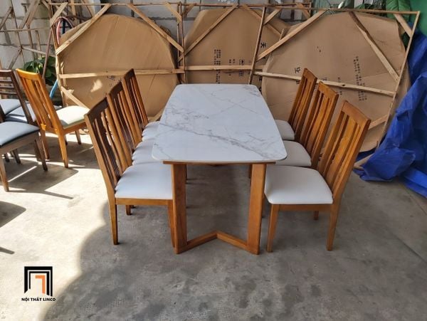 bộ bàn ăn mặt đá 6 ghế gỗ