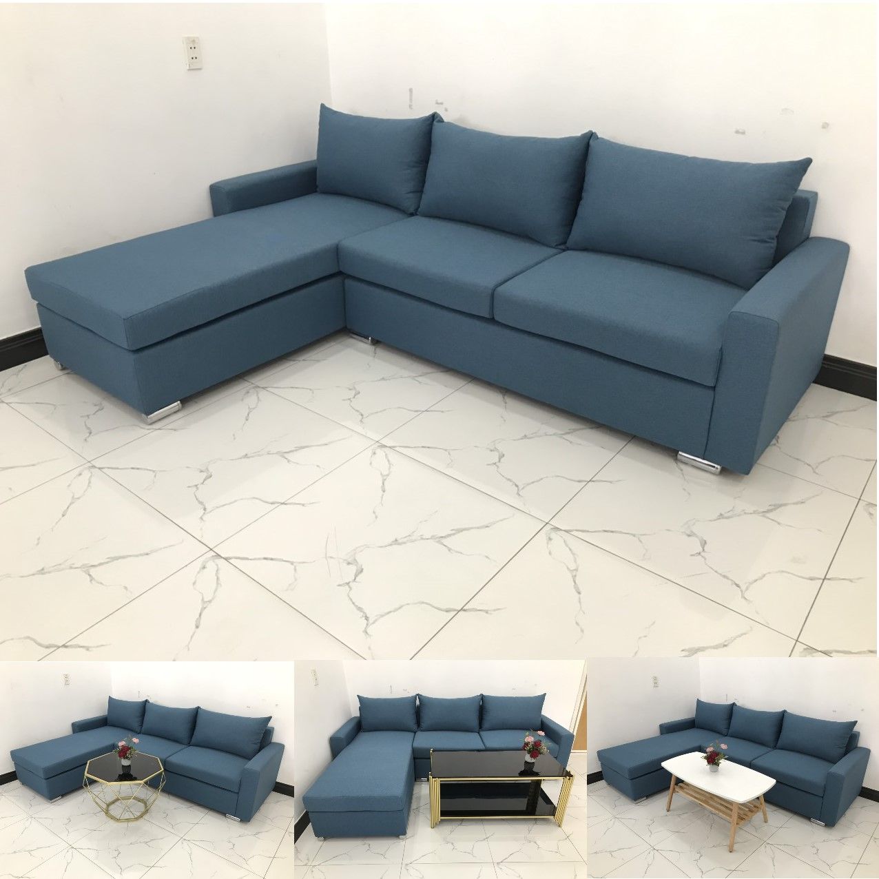  Bộ bàn ghế sofa góc L 2m2 x 1m6 màu xanh dương giá rẻ 