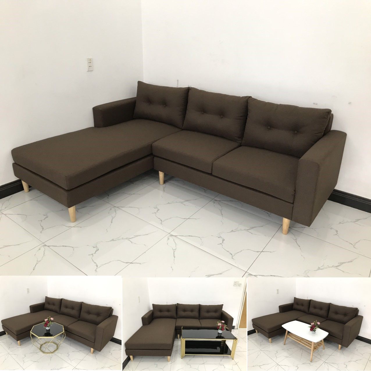  Ghế sofa góc gia đình nâu đậm 2m2 x 1m6 giá rẻ 