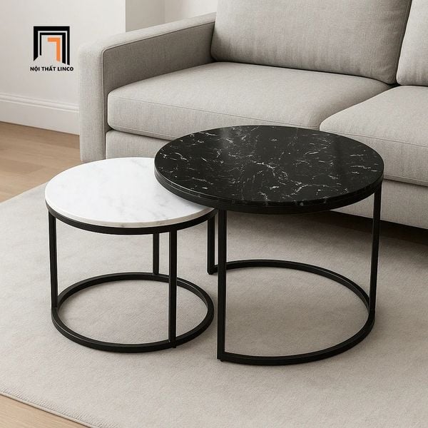 cặp bàn sofa mặt đá trắng đen