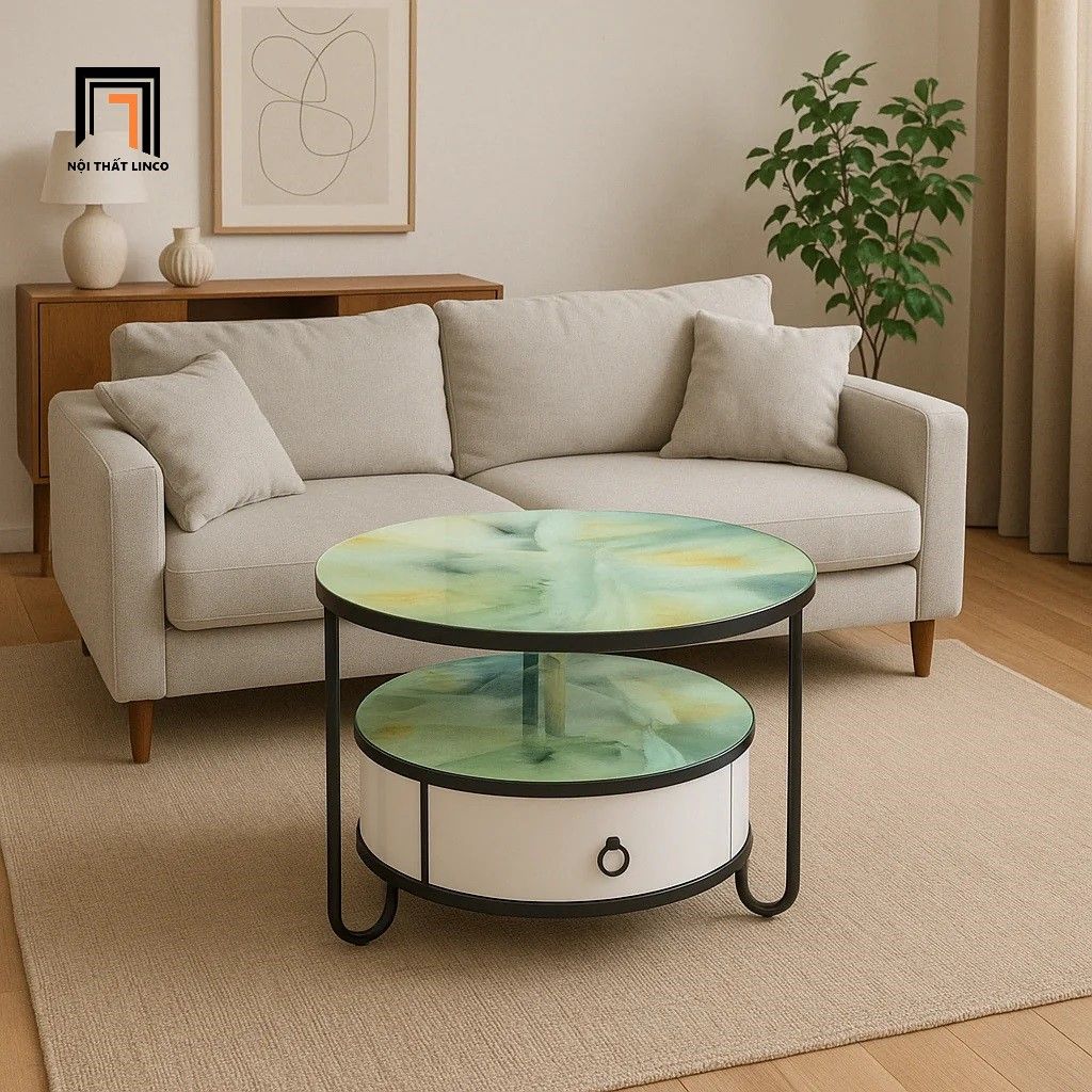  Bàn trà phòng khách nhỏ gọn BTPK20 Carton mặt kính 2 tầng 